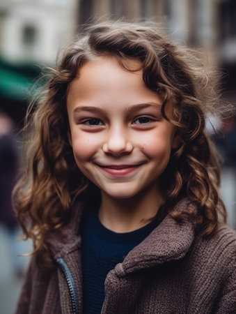Portrait of a smiling little girl with curly hair in the cityの素材