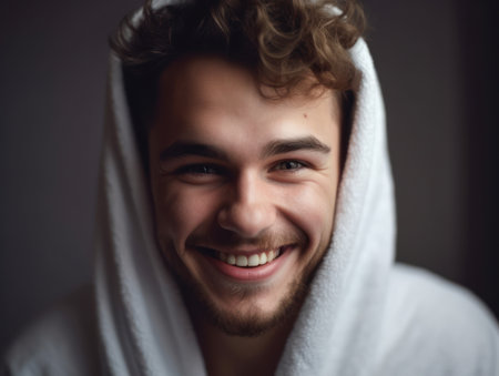 Portrait of a smiling young man with a towel on his headの素材