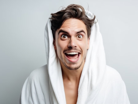 Surprised young man in bathrobe looking at camera over grey backgroundの素材