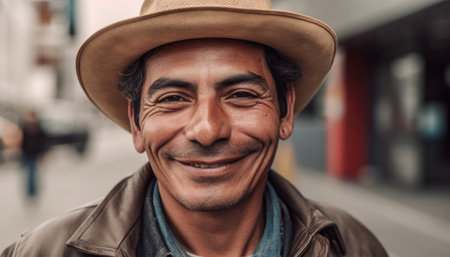 Portrait of a smiling asian man wearing hat in the cityの素材