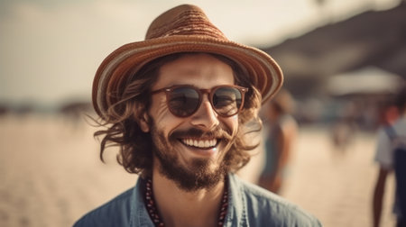 Portrait of handsome young man in hat and sunglasses on the beachの素材