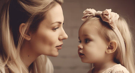 Beautiful young mother and her cute little daughter are looking at each other and smiling.の素材