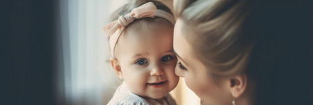 cropped view of mother and daughter looking at each other at homeの素材