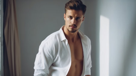 Handsome young man in shirt looking at camera while standing in roomの素材