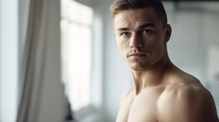 Portrait of a handsome young man with naked torso looking at cameraの素材