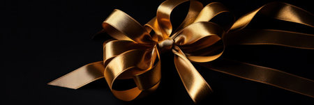 Golden ribbon bow on black background, closeup. Space for textの素材