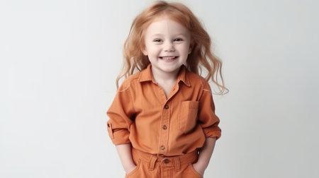 Portrait of a little red-haired girl in an orange shirt on a white backgroundの素材