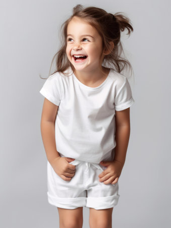 Little smiling girl in white t-shirt and shorts on gray backgroundの素材
