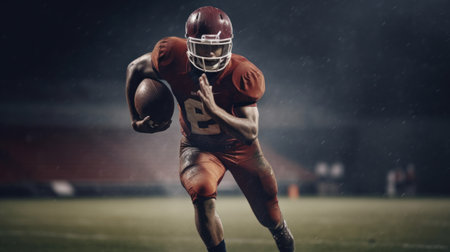 american football player in action with ball on stadium under rain.の素材