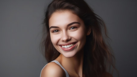 Portrait of a beautiful smiling young woman with long hair on a gray backgroundの素材