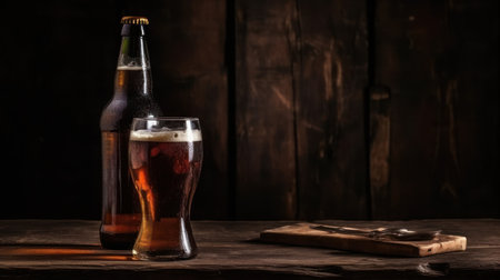 Glass of dark beer on a wooden table with a bottle in the backgroundの素材