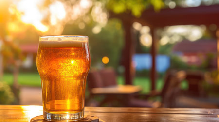 Glass of beer on a wooden table in a pub or restaurant.の素材