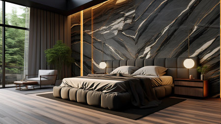 Interior of modern bedroom with dark marble walls, wooden floor, comfortable king size bed with gray linen and armchair. 3d renderingの素材