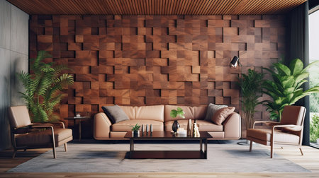 Modern living room interior with brown sofa and wooden wall. 3d renderingの素材