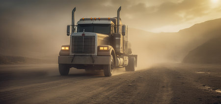 Truck on the road in the foggy mountains at sunset.の素材