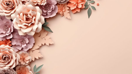 Floral background with paper flowers and leaves. 3d rendering.の素材