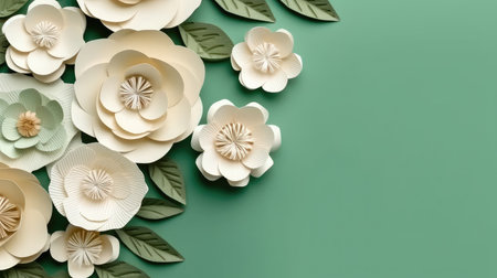 Paper flowers on green background with copy space. Flat lay. Top view.の素材