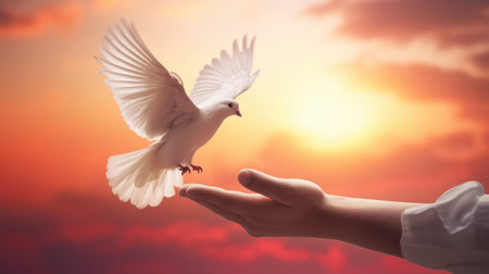 Woman hand holding white dove on sunset sky background, peace concept.の素材