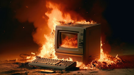 Burning computer monitor and keyboard on a dark background. 3d renderingの素材
