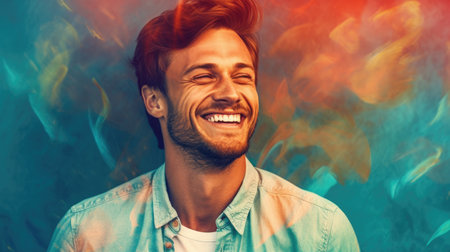 Portrait of a handsome young man smiling against colourful smoke background.の素材