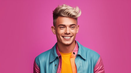 Portrait of young handsome man with blond hair, isolated over pink backgroundの素材