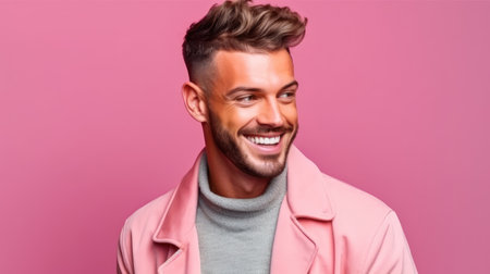 Handsome young man with a stylish hairstyle in a pink coat on a pink backgroundの素材