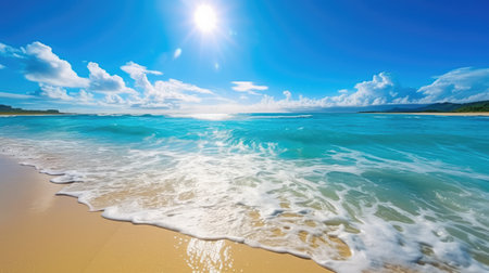 Beautiful background for summer vacation and travel. Golden sand of tropical beach, blue sky and blurred glare of sun on waves of surf. Generative AIの素材