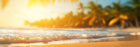 Abstract blur defocused background, nature of tropical summer beach with rays of sun light. Golden sand beach, sea water and palm leaves against sky. Copy space, summer vacation concept. Generative AIの素材