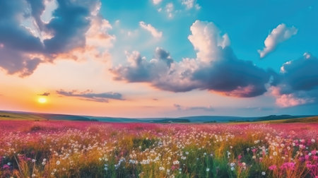 Stunning colorful landscape. Yellow field of flowering on background blue sky with pink scattered cumulus clouds during summer sunrise or sunset. Natural wallpaper, panorama. Generative AIの素材