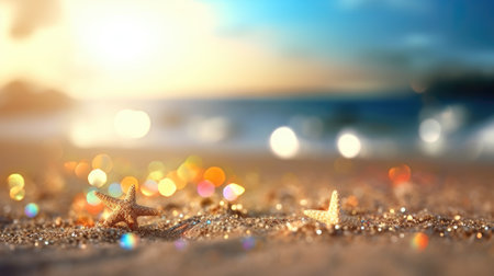 Tropical summer sand beach and bokeh sun light on sea background. Generative AIの素材