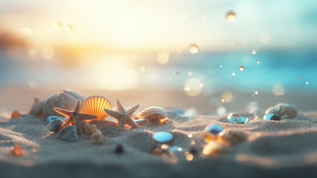 Tropical summer sand beach and bokeh sun light on sea background. Generative AIの素材