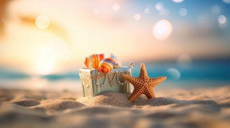 Tropical summer sand beach and bokeh sun light on sea background. Generative AIの素材