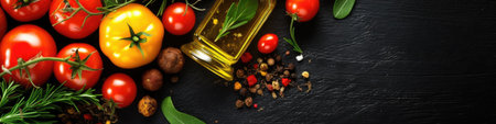 Food background. Top view of olive oil, cherry tomato, herbs and spices on rustic black slate. Generative AIの素材