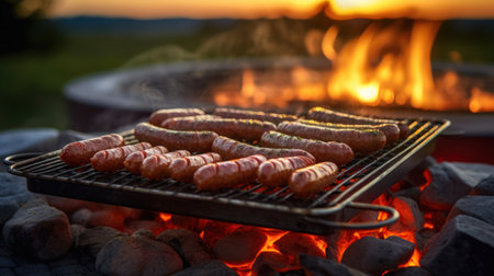 Grilled sausages are cooked on the grill, in the open air. Generative AIの素材