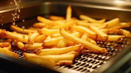 French fries is cooking into deep fryer at kitchen. Generative AIの素材