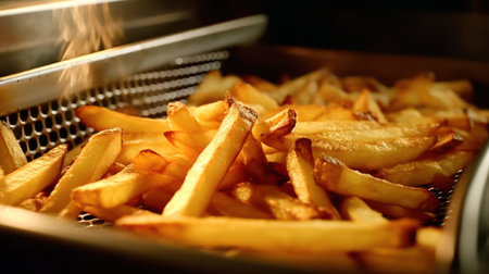 French fries is cooking into deep fryer at kitchen. Generative AIの素材