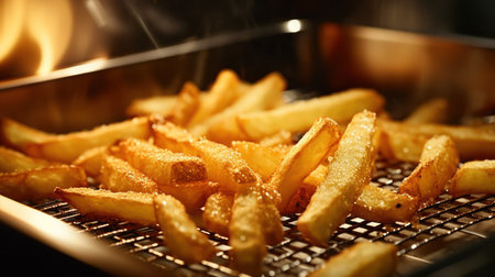 French fries is cooking into deep fryer at kitchen. Generative AIの素材