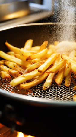 French fries is cooking into deep fryer at kitchen. Generative AIの素材