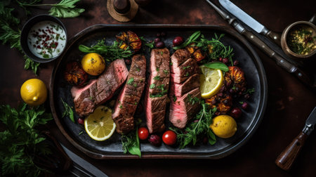 Sliced juicy grilled meat beef steak. Generative aiの素材