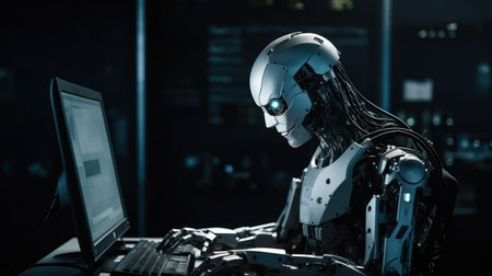 A humanoid robot works in an office on a laptop. Generative AIの素材