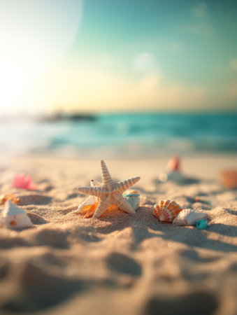 Tropical summer sand beach and bokeh sun light on sea background. Generative AIの素材