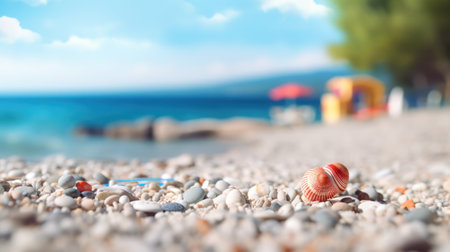 Tropical summer sand beach and bokeh sun light on sea background. Generative AIの素材