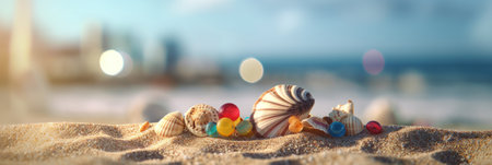 Tropical summer sand beach and bokeh sun light on sea background. Generative AIの素材