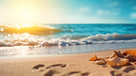 Tropical summer sand beach and bokeh sun light on sea background. Generative AIの素材