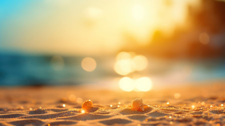 Tropical summer sand beach and bokeh sun light on sea background. Generative AIの素材