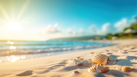 Tropical summer sand beach and bokeh sun light on sea background. Generative AIの素材