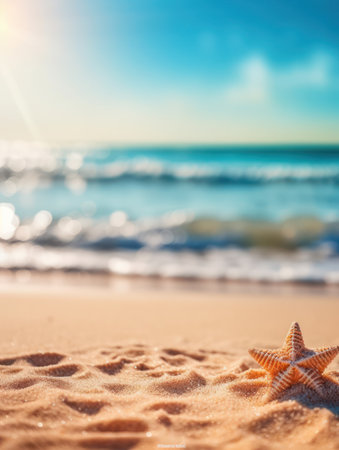 Tropical summer sand beach and bokeh sun light on sea background. Generative AIの素材