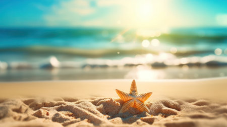 Tropical summer sand beach and bokeh sun light on sea background. Generative AIの素材