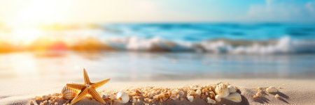 Tropical summer sand beach and bokeh sun light on sea background. Generative AIの素材