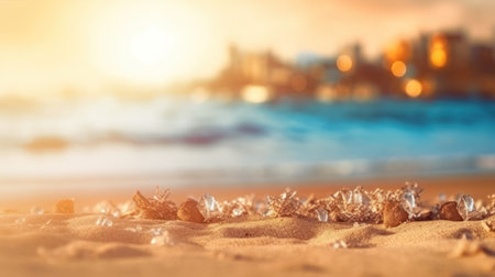 Tropical summer sand beach and bokeh sun light on sea background. Generative AIの素材